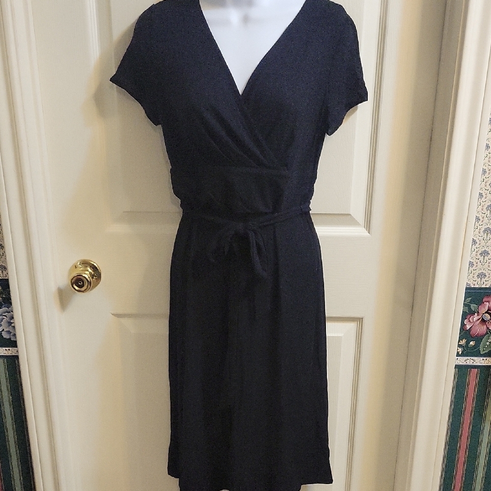 Talbots Black and White Wrap Midi Dress with Dolman Sleeves